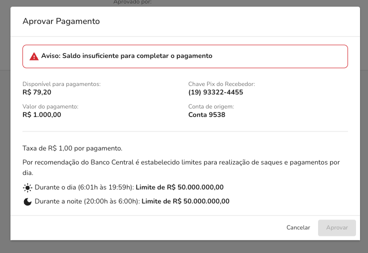 Modal de aprovação de pagamentos com a informação de saldo insuficiente